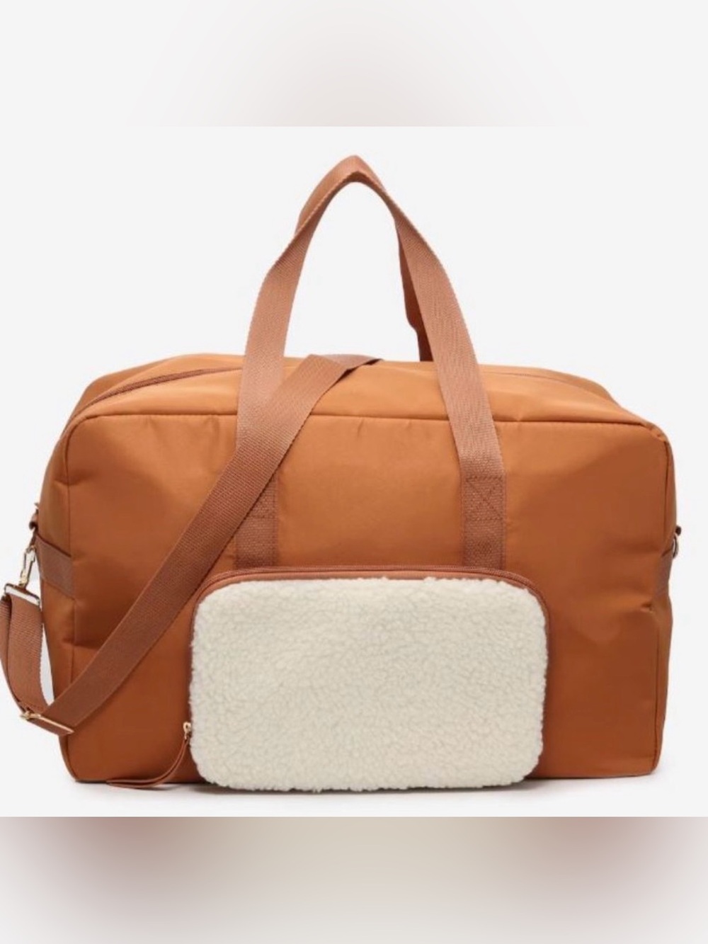 DSW Cognac Travel Duffle with Cream Sherpa Pouch